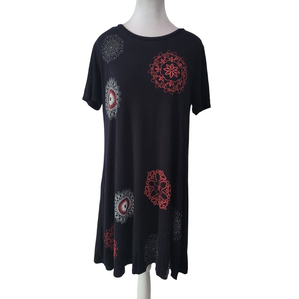Desigual Size XL Black Mandala Print Short Sleeve Jersey Knit Boho Mini Dress
